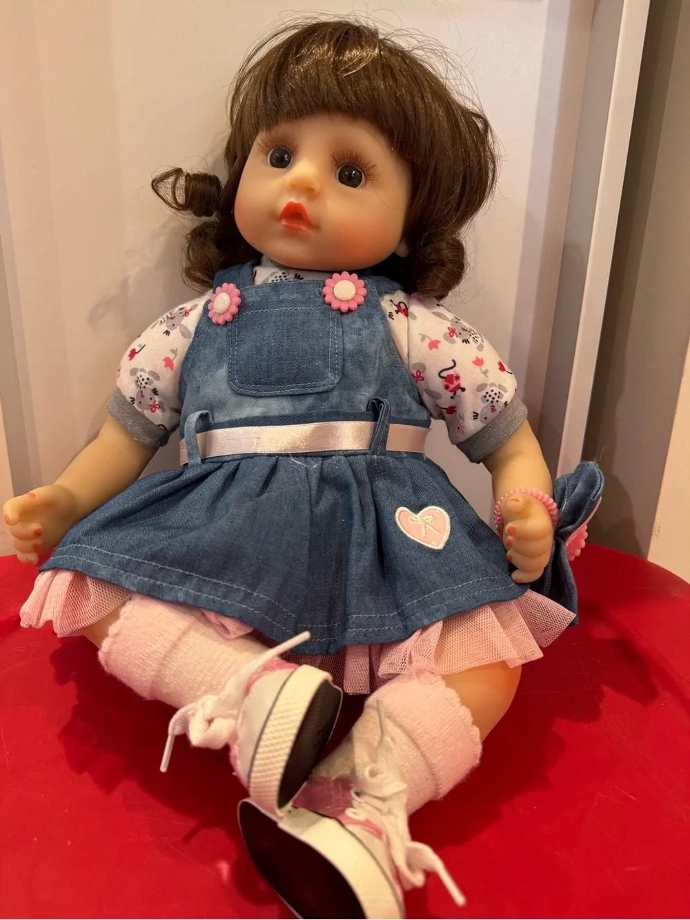 Reborn Doll- Blue Denim Dress Baby Doll with Pink Accents